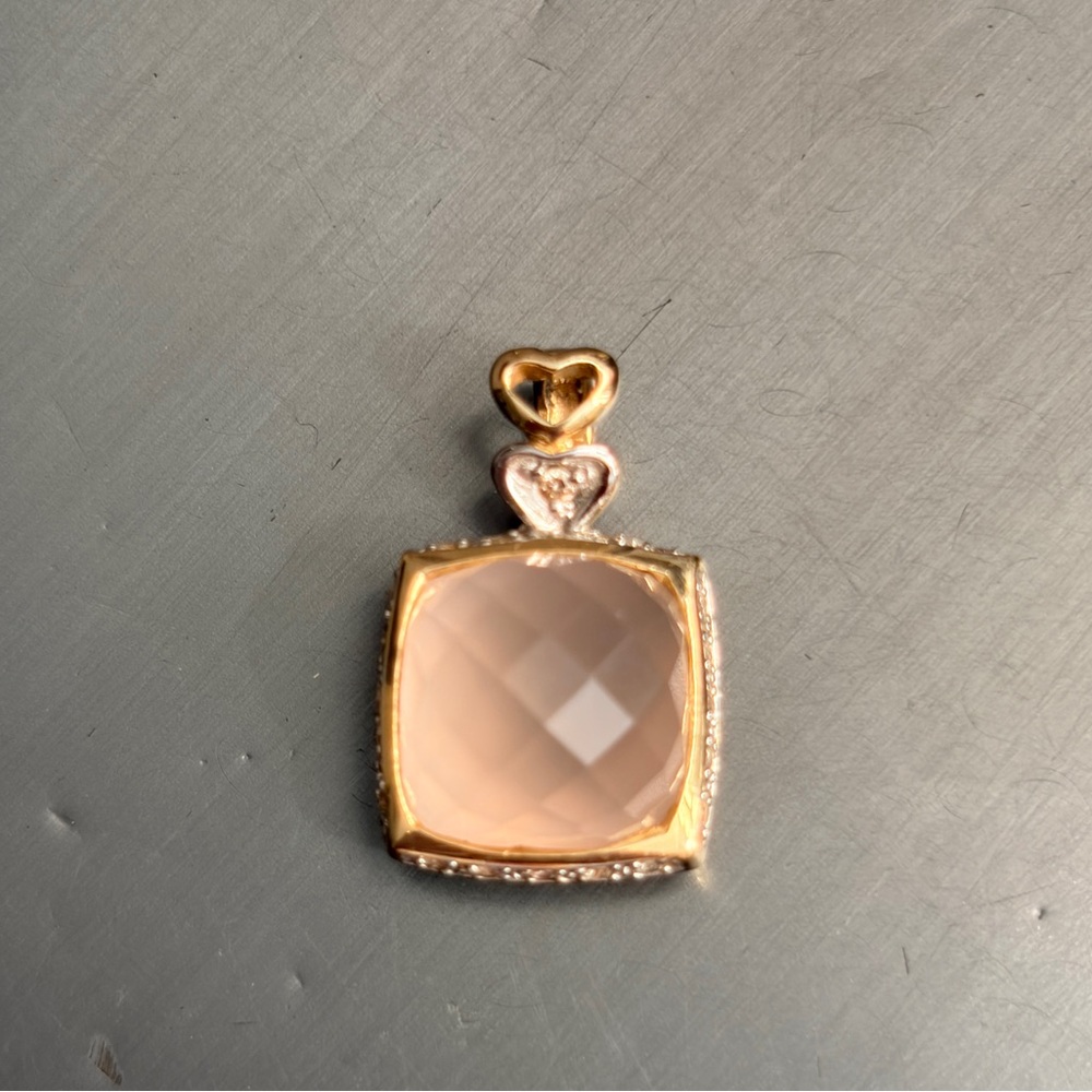 14K yellow gold and diamond and rose quartz pendant